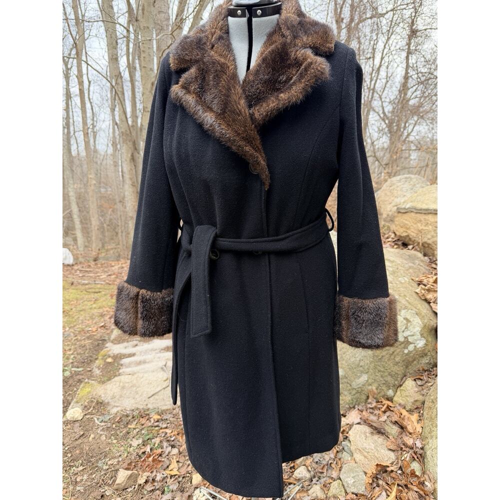 Jessica London Vintage Wool Blend Coat Faux Fur Collar Cuffs Belted Black Medium - Picture 9 of 12